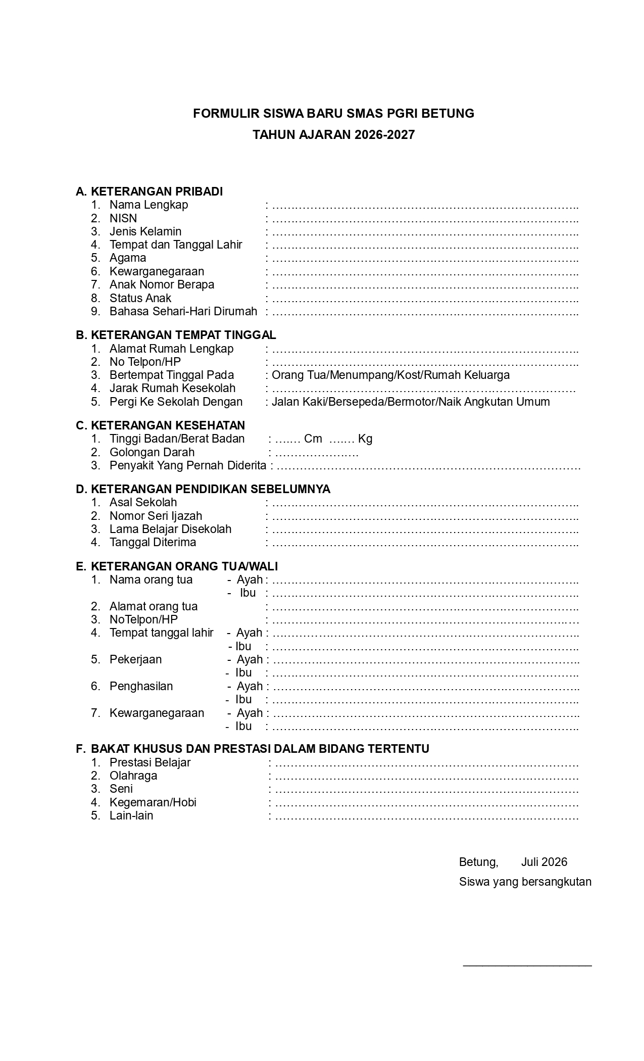 FORMULIR PENDAFTARAN SISWA BARU SMA PGRI BETUNG 2026