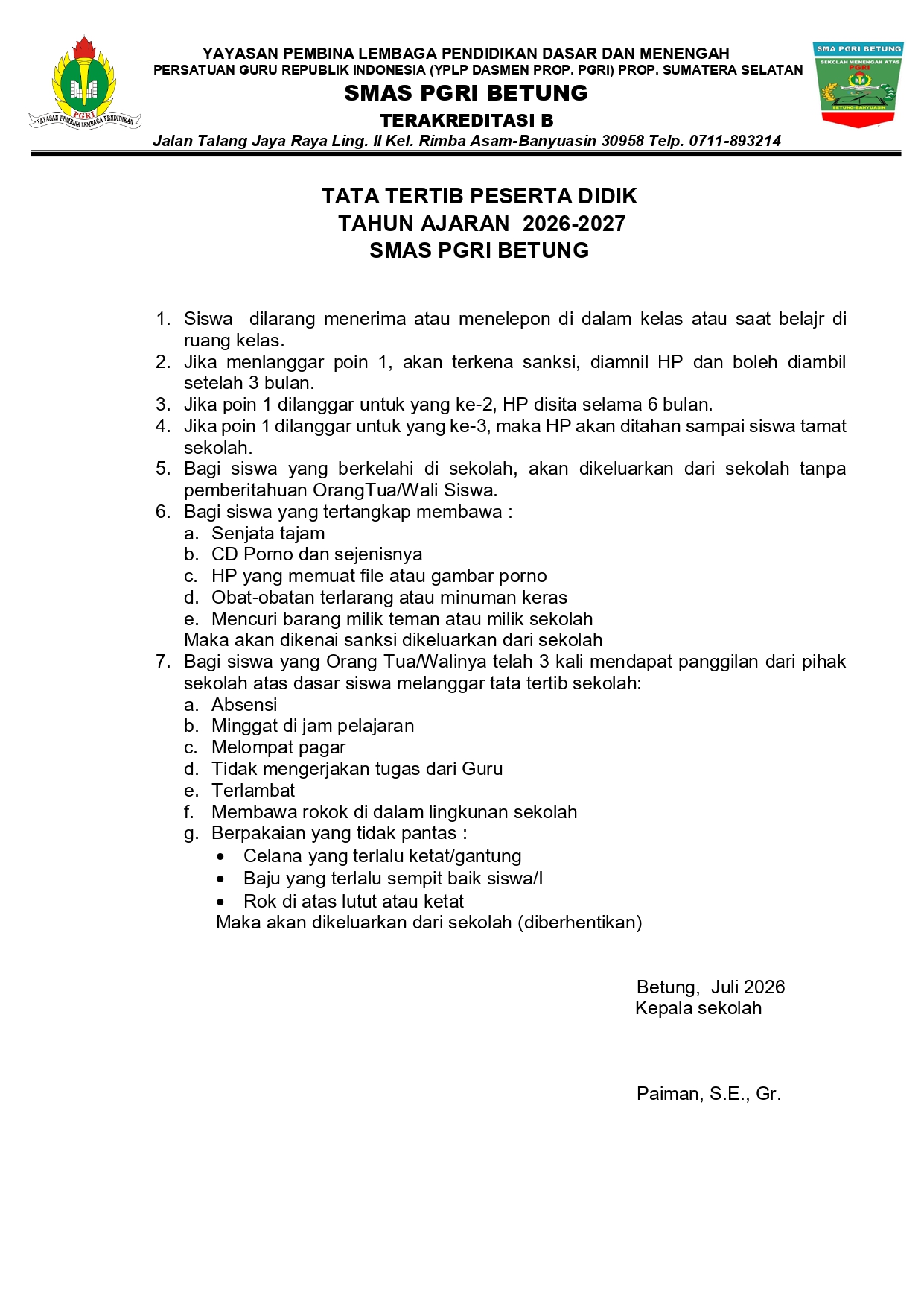 TATA TERTIB PESERTA DIDIK SMAS PGRI BETUNG